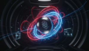 Arte conceitual da rivalidade China EUA por tecnologia UAP, com esferas de energia e objeto anômalo