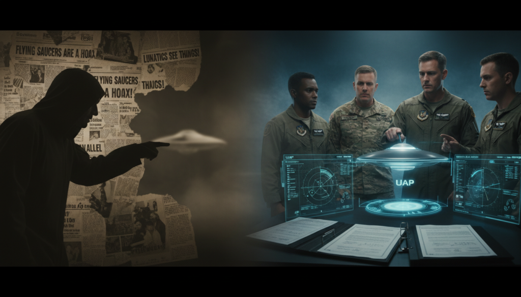 Gráfico mostrando a evolução da aceitação de UAPs, com documentos oficiais e relatórios militares substituindo manchetes sensacionalistas.