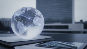 Um globo terrestre com padrões de luz abstratos sobreposto ao edifício da ONU, simbolizando a complexidade da governança global de UAPs e a busca por dados técnicos.