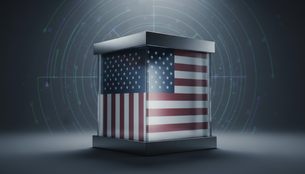 Urna eleitoral americana com elementos futuristas e radar, simbolizando a desclassificação UAP pós-eleição 2026.