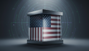 Urna eleitoral americana com elementos futuristas e radar, simbolizando a desclassificação UAP pós-eleição 2026.