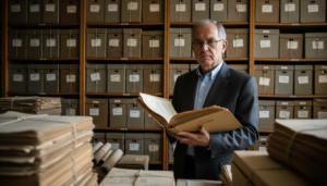 Ademar José Gevaerd em frente a arquivos, representando a luta pela abertura de documentos UAP no Brasil.