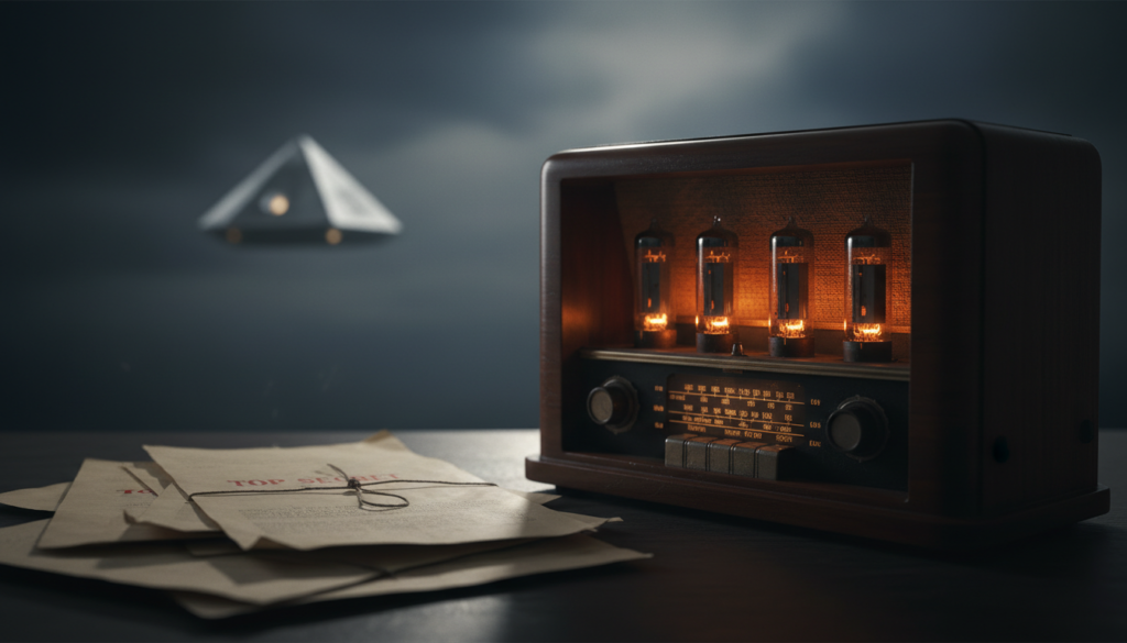 Mesa com documentos antigos, selos 'TOP SECRET', rádio vintage e uma luz misteriosa ao fundo, simbolizando a análise crítica dos contatados e UAPs
