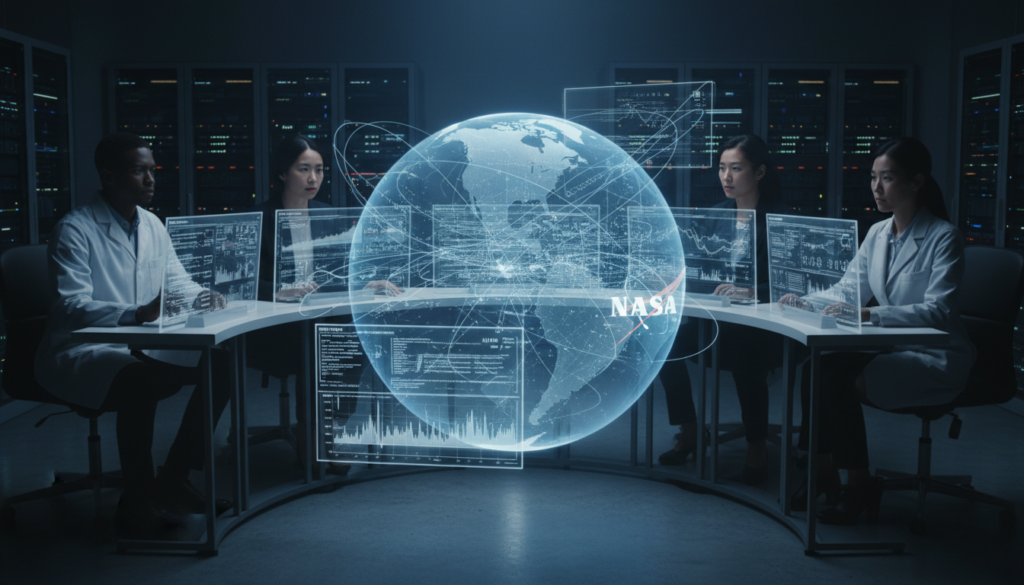 Equipe de pesquisa da NASA analisando gráficos e projeções de dados de UAPs, representando a metodologia científica do Painel Independente.