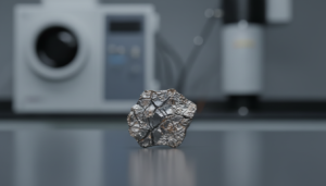 Fragmento metálico anômalo sendo analisado em laboratório com equipamentos científicos.