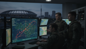 Tela de radar militar exibindo trajetória de UAP, Copa 2014, Olimpíadas 2016, Brasil, Força Aérea Brasileira, segurança aeroespacial