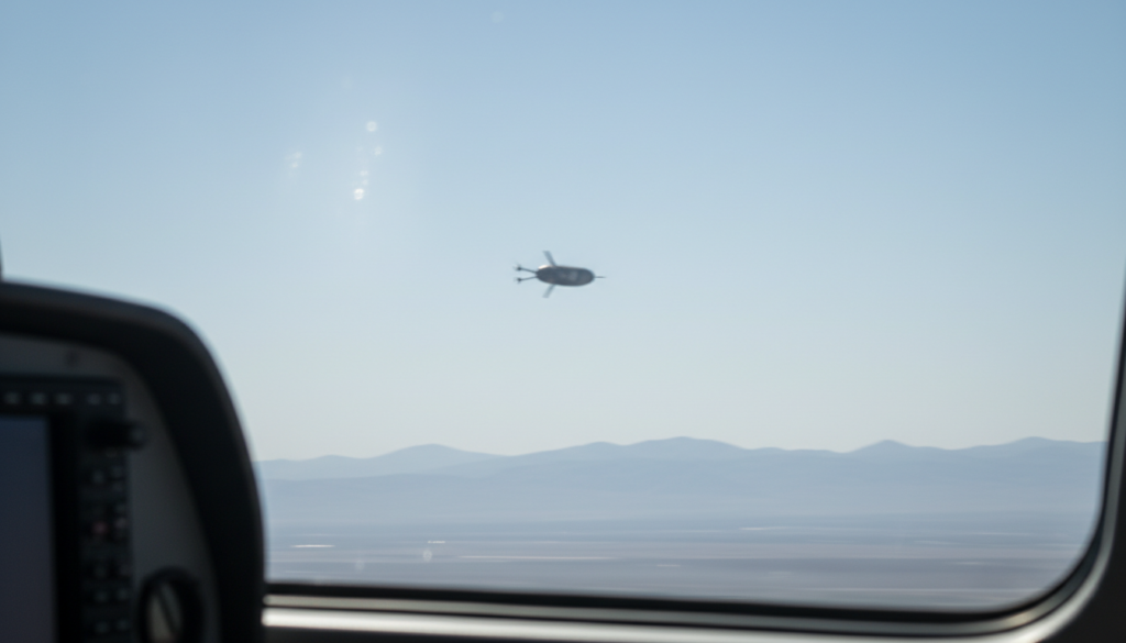 Ilustração técnica do efeito de paralaxe em vídeos de UAPs, com objeto aéreo distante e fundo embaçado, destacando a ilusão de movimento.