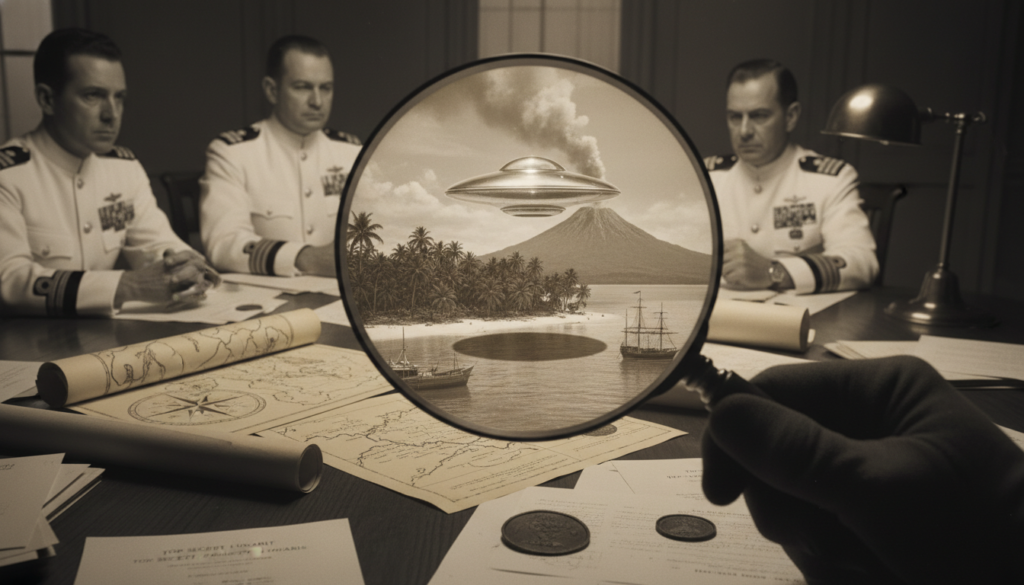 Perícia de fotos do Incidente da Ilha da Trindade por oficiais da Marinha, com documentos oficiais sobre a mesa