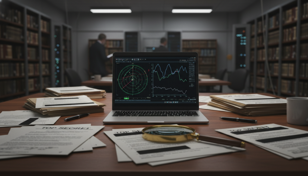 Documentos oficiais, relatórios de radar e laptop em mesa de análise sobre a Lei de Autorização de Defesa (NDAA) e Fenômenos Aéreos Não Identificados (UAPs).