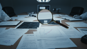 Analista examinando documentos oficiais e dados de radar para verificar a autenticidade de um relato de UAP.