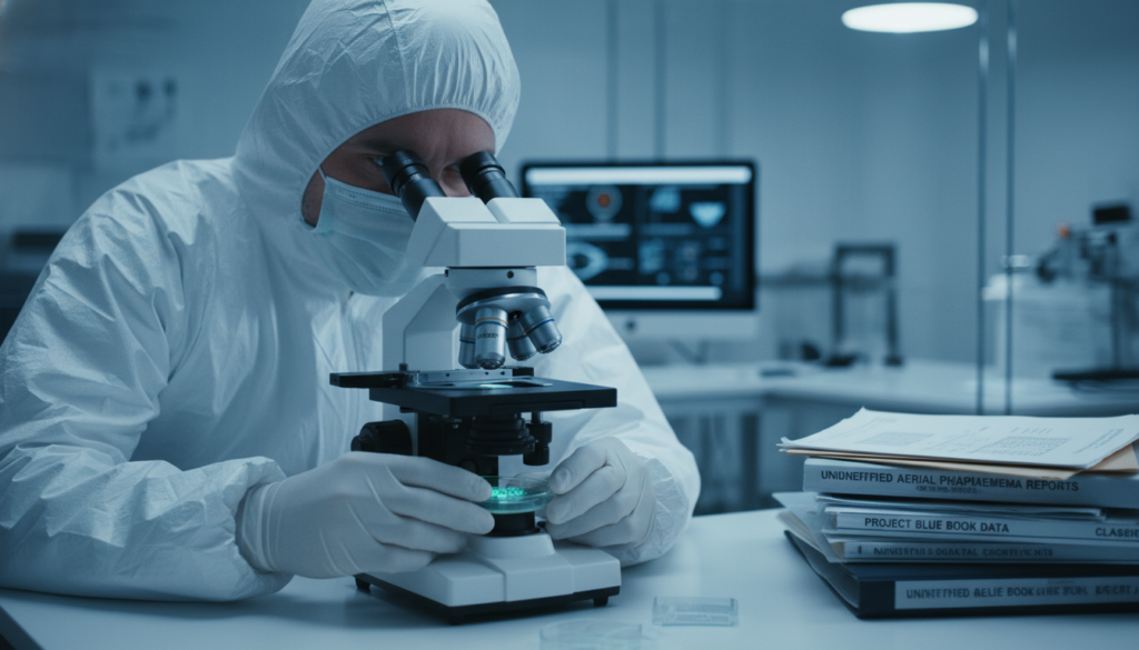 Cientista analisando vestígios biológicos de UAP em laboratório forense