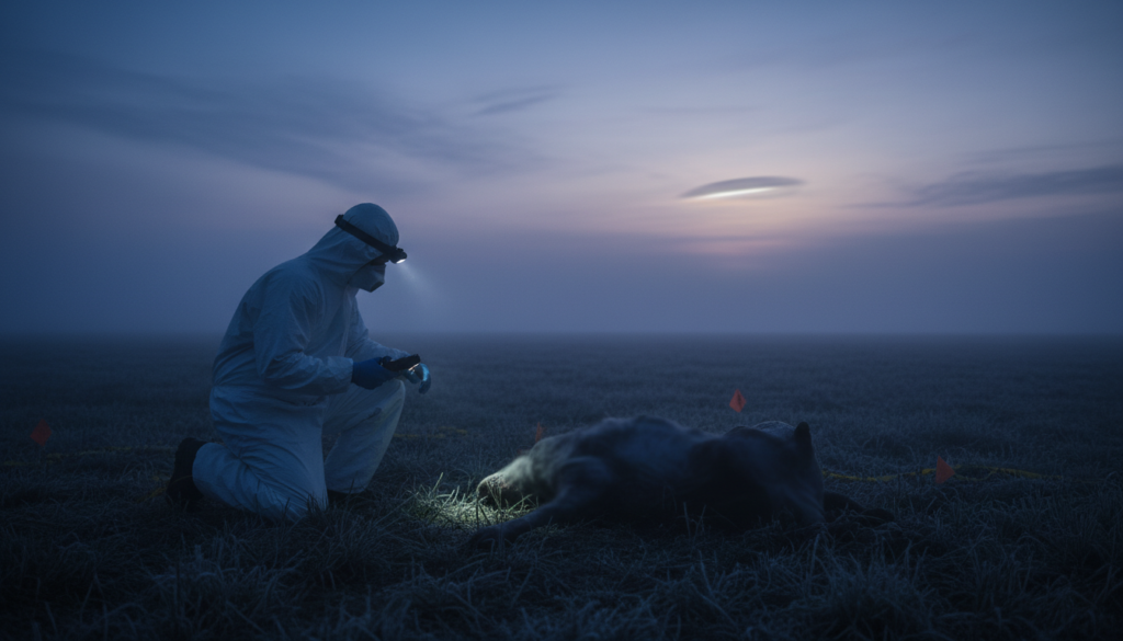 Cena de investigação de mutilação animal com foco em detalhes forenses e potencial UAP no céu.