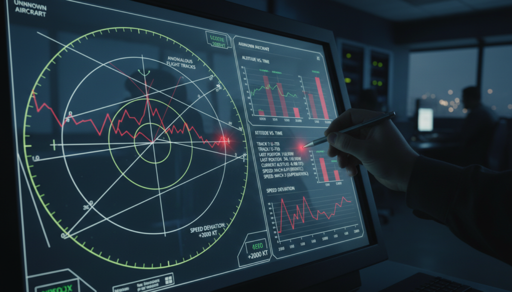 Tela de radar com anomalias de voo, dados técnicos e gráficos de UAP