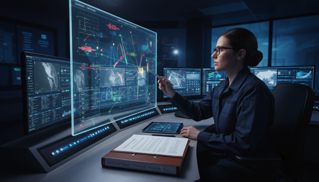 Analista examinando dados de radar e documentos do Relatório ODNI sobre UAPs
