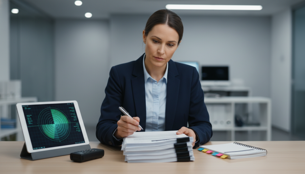 Analista de inteligência revisando documentos confidenciais de UAP, com tablet exibindo dados de radar e um gravador de voz em uma mesa limpa.
