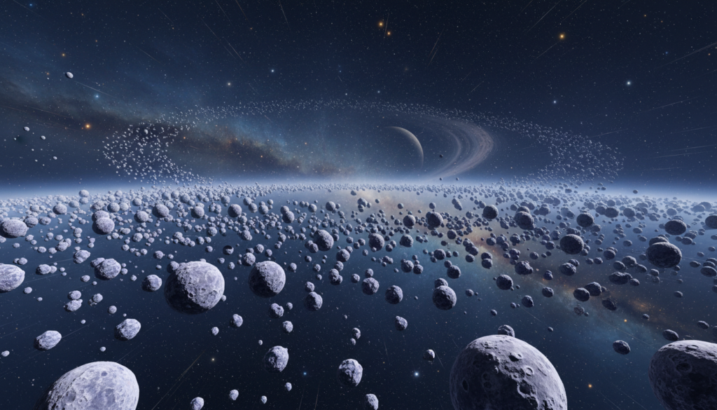 Imagem do Cinturão de Kuiper com TNOs extremos, indicando influência de Planet Nine ou objeto oculto