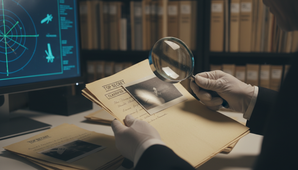 Arquivista do CENDUANI examinando documentos antigos e relatórios de UAPs com rigor técnico.