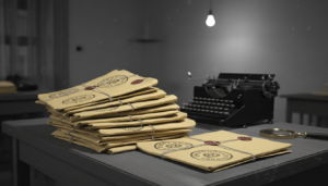 Pilha de documentos antigos do Dops com carimbos, simbolizando a vigilância sobre grupos ufológicos nos anos 70.