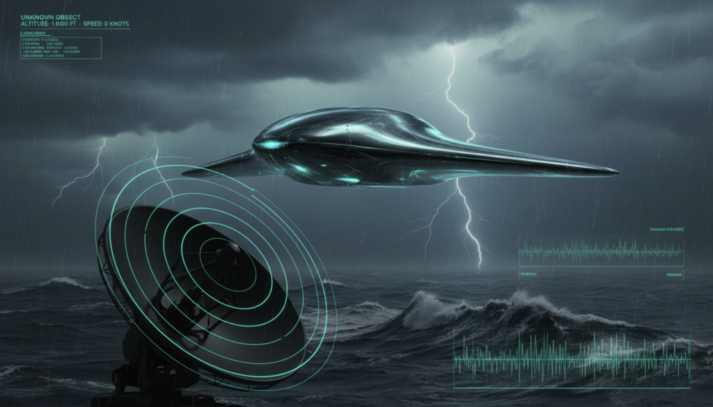Objeto UAP metálico sobre oceano com radar militar, representando as 5 assinaturas tecnológicas do Pentágono e AARO.