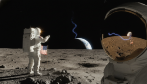 Astronauta Apollo na Lua, observando o espaço profundo com uma reflexão sutil no visor