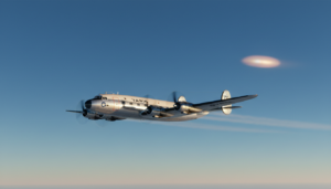 Avião VARIG vintage voando com UAP ao fundo, céu azul, anos 50, anos 60, relatos pilotos, fenômenos aéreos não identificados