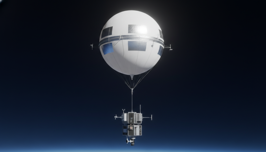 Balão meteorológico branco em alta altitude, instrumentos científicos, céu azul profundo, estratosfera, pesquisa atmosférica, UAP, identificação de objetos
