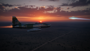 Um caça F-80 da Força Aérea Brasileira (FAB) persegue um objeto voador não identificado (UAP) durante o Caso Bauru em 1958, destacando a complexidade da aviação de caça da época.