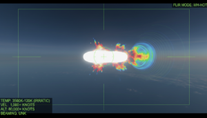 Display FLIR militar mostrando um objeto voador não identificado com assinatura térmica anômala, sem pluma de exaustão visível.