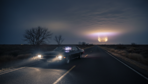 Carro parado, faróis piscando, luz anômala no céu, interferência eletromagnética, UAP, anomalia elétrica, Operação Prato, Varginha.