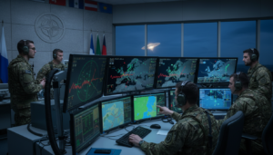 Oficiais da OTAN analisando relatórios de UAPs em uma sala de controle militar, com gráficos e dados de radar exibindo objetos não identificados.