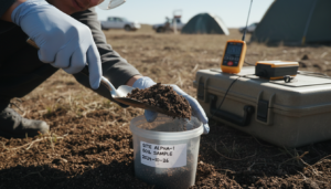 Cientista coletando amostra de solo em investigação UAP, com Geiger counter e magnetômetro