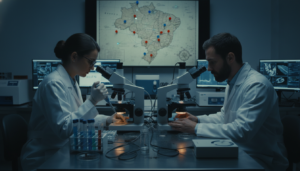 Análise química de solo SIOANI em laboratório, com equipamentos científicos e mapas de localização de UAPs