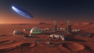 Base em Marte com UAP no céu, exploração espacial, fenômenos anômalos extraterrestres