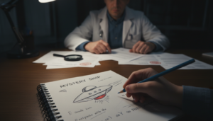 Desenho infantil de UAP com investigador analisando documentos