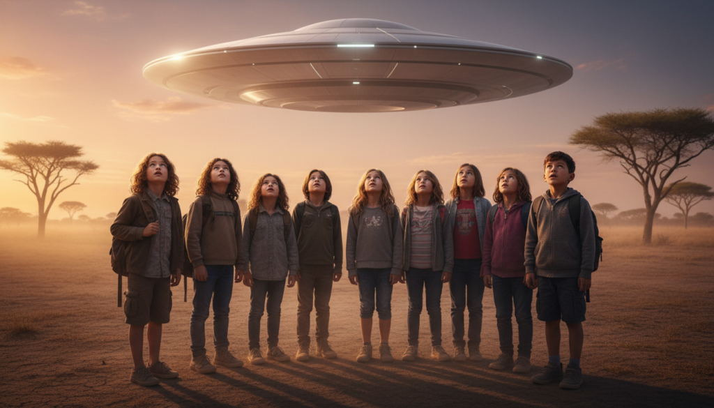 Crianças da Escola Ariel (Zimbábue) observando um UAP prateado pairando sobre um campo em 1994, refletindo a natureza enigmática do incidente.