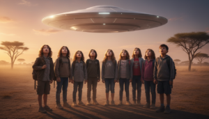 Crianças da Escola Ariel (Zimbábue) observando um UAP prateado pairando sobre um campo em 1994, refletindo a natureza enigmática do incidente.