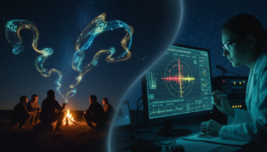 Imagem mostrando a dualidade entre crenças folclóricas sobre luzes no céu e a análise científica de UAPs em telas de radar.