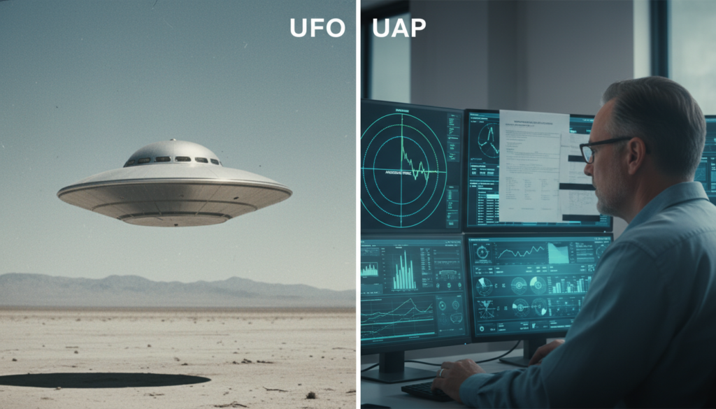 Imagem conceitual da transição de UFO para UAP, com radar, documentos militares e análise de dados.
