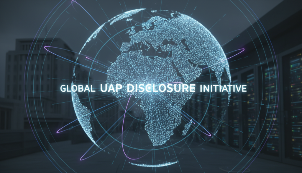 Gráfico conceitual de dados globais de UAPs com assinaturas de radar e documentos oficiais, representando o plano de desclassificação.