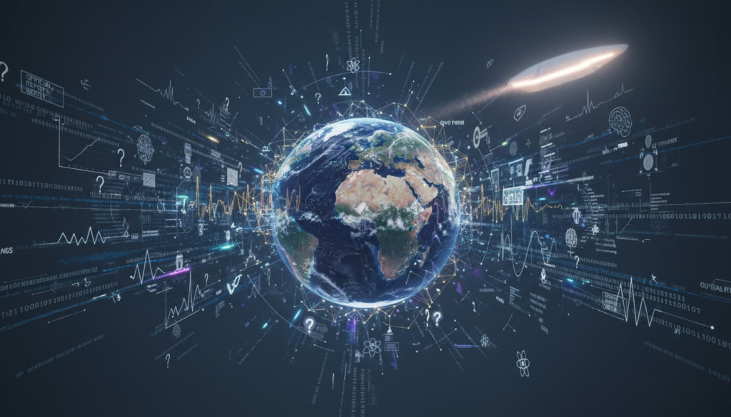 Ilustração do impacto global da revelação de UAPs na saúde mental, com dados e símbolos científicos