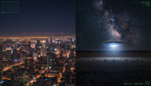 Imagem dividida mostrando UAP sobre cidade e UAP sobre campo, representando a casuística urbana e rural