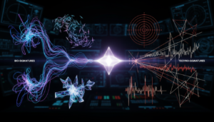 Infográfico comparando bioassinaturas (fenômenos naturais) e tecnossinaturas (tecnologia avançada) na investigação de UAPs, com elementos de radar e dados científicos.