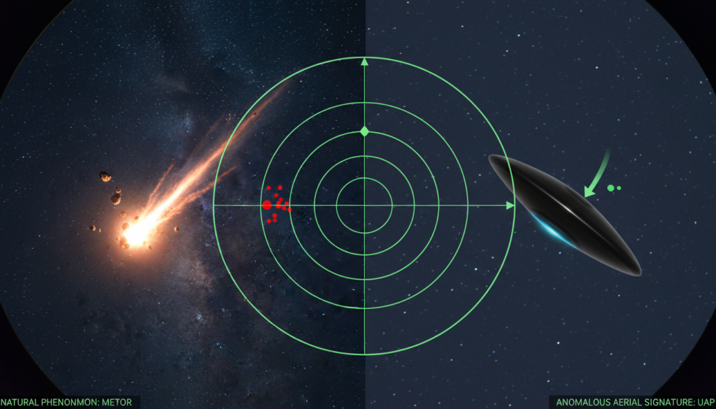 Imagem comparativa de meteoros e UAPs, destacando a complexidade da diferenciação em análises aeroespaciais.