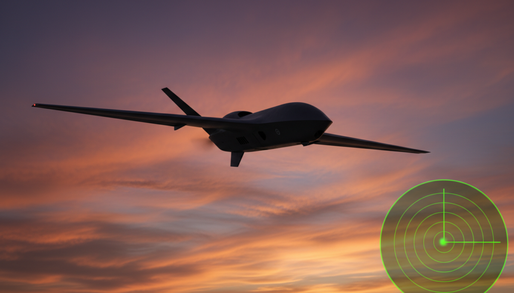 Drone de alta performance em voo noturno, com tela de radar exibindo um contato. Casuística UAP e tecnologia de VANTs.