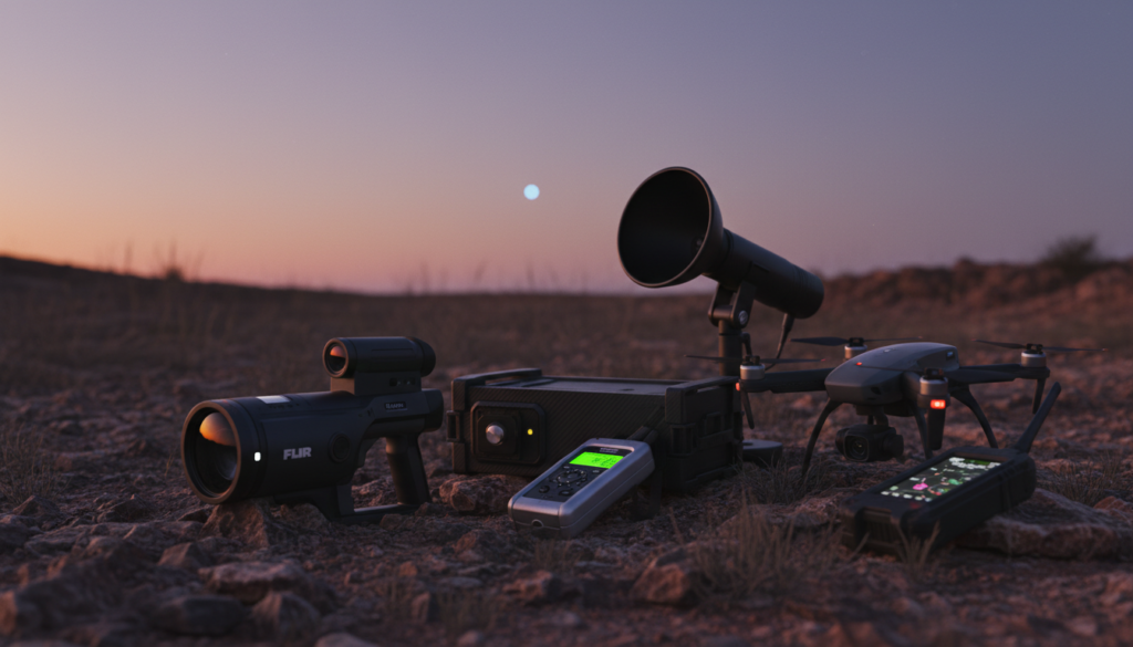 Kit de investigação UAP 2026, câmera termográfica, detector EMF, microfone direcional, drone 4K, GPS de precisão