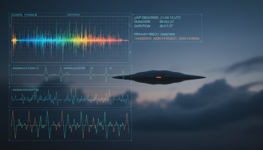 Gráfico de frequência de áudio, UAP, anomalia sonora, espectrograma, análise acústica, Fenômenos Aeroespaciais Não Identificados.