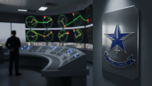 Emblema do COMAER com radar exibindo vetores anômalos de UAPs