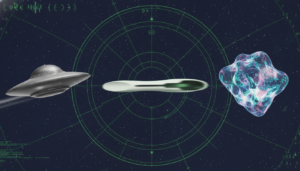 Gráfico mostrando a evolução das formas de OVNIs e UAPs: disco voador, tic-tac, objeto transmeável.