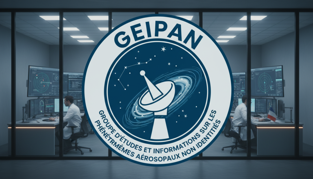 Logo do GEIPAN com fundo de painel de dados e radar, simbolizando a investigação científica de UAPs na França.