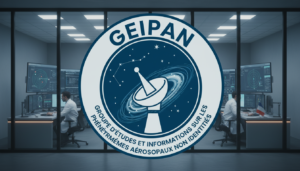 Logo do GEIPAN com fundo de painel de dados e radar, simbolizando a investigação científica de UAPs na França.